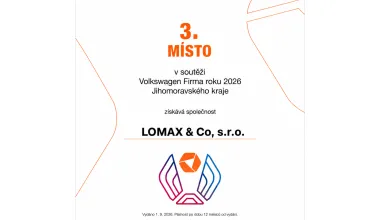 Urkunde für LOMAX für Platz 3 bei Volkswagen Firma roku 2026 in Südmähren